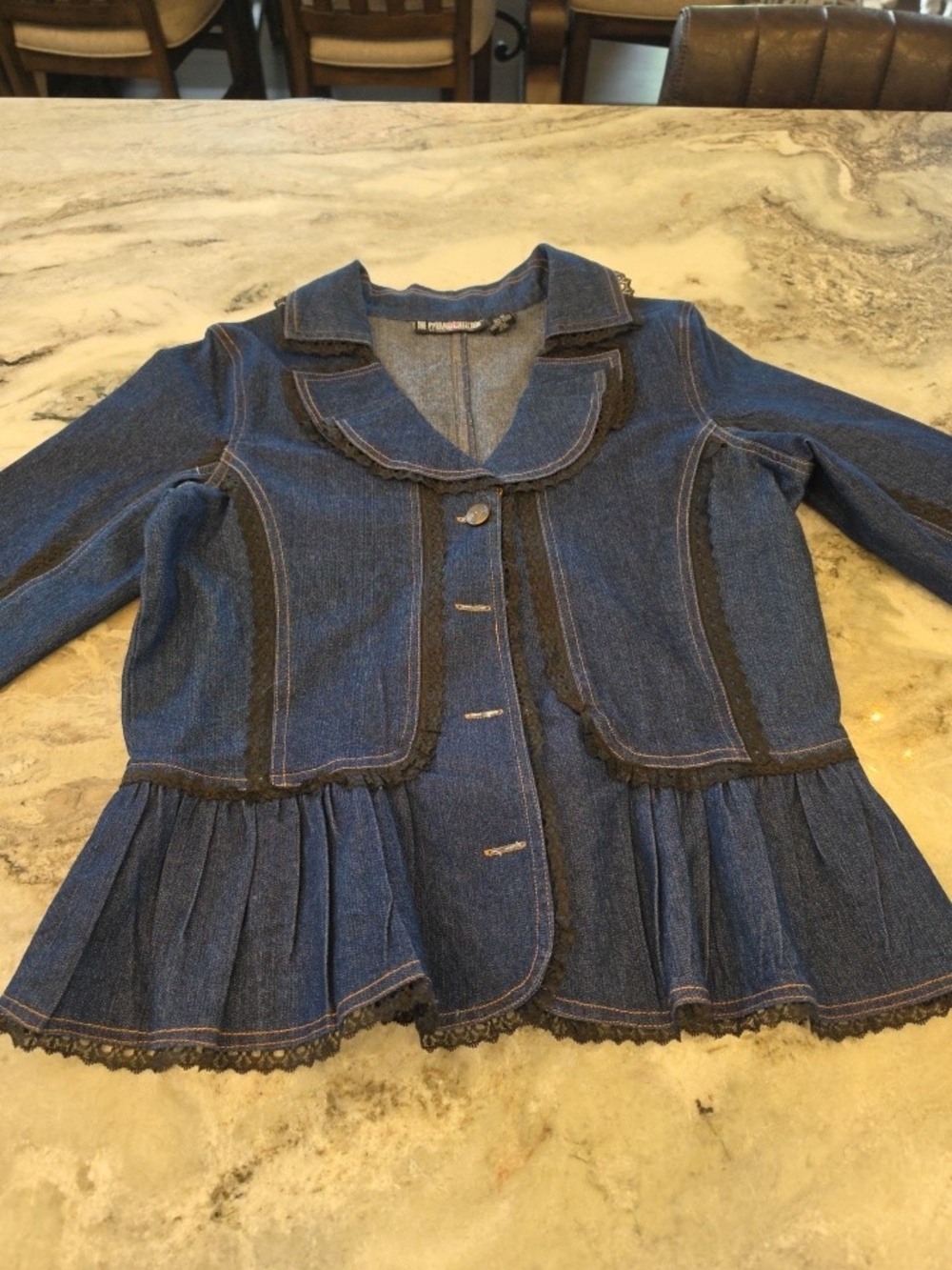 The Pyramid Collection Dark Blue Denim Peplum Jacket with Black Trim